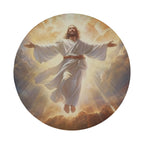 a religious figure, likely Jesus, with outstretched arms and a flowing robe, surrounded by clouds and rays of light, suggesting a divine or angelic presence.