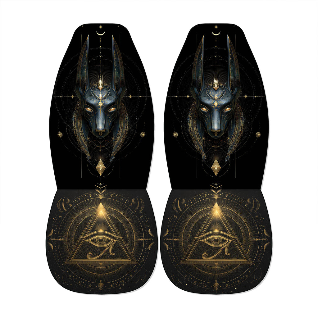 a pair of black shoes with intricate gold and black designs, including a prominent depiction of the Eye of Horus, a symbol associated with ancient Egyptian mythology.