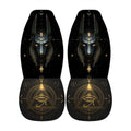 a pair of black shoes with intricate gold and black designs, including a prominent depiction of the Eye of Horus, a symbol associated with ancient Egyptian mythology.
