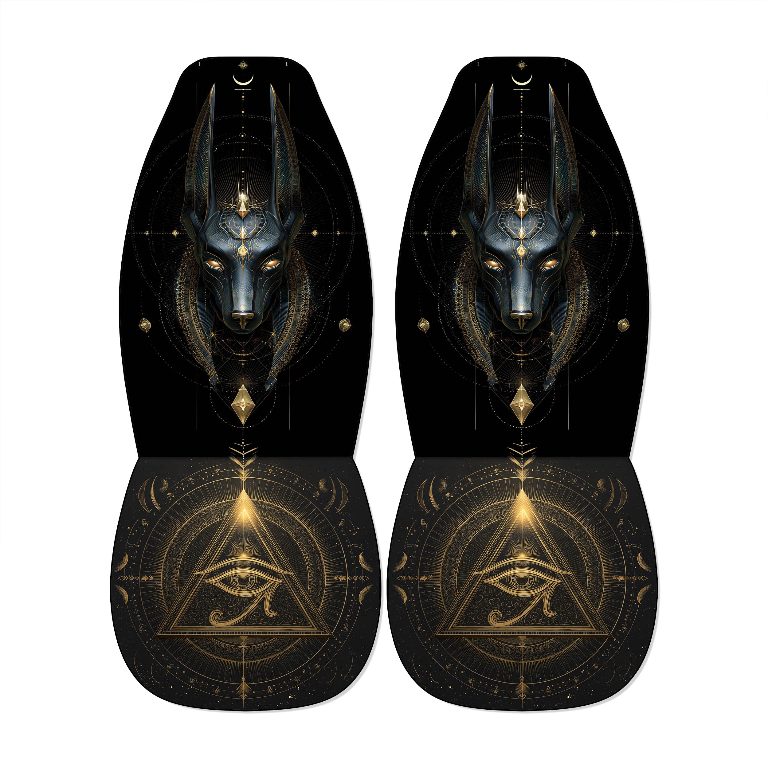 a pair of black shoes with intricate gold and black designs, including a prominent depiction of the Eye of Horus, a symbol associated with ancient Egyptian mythology.