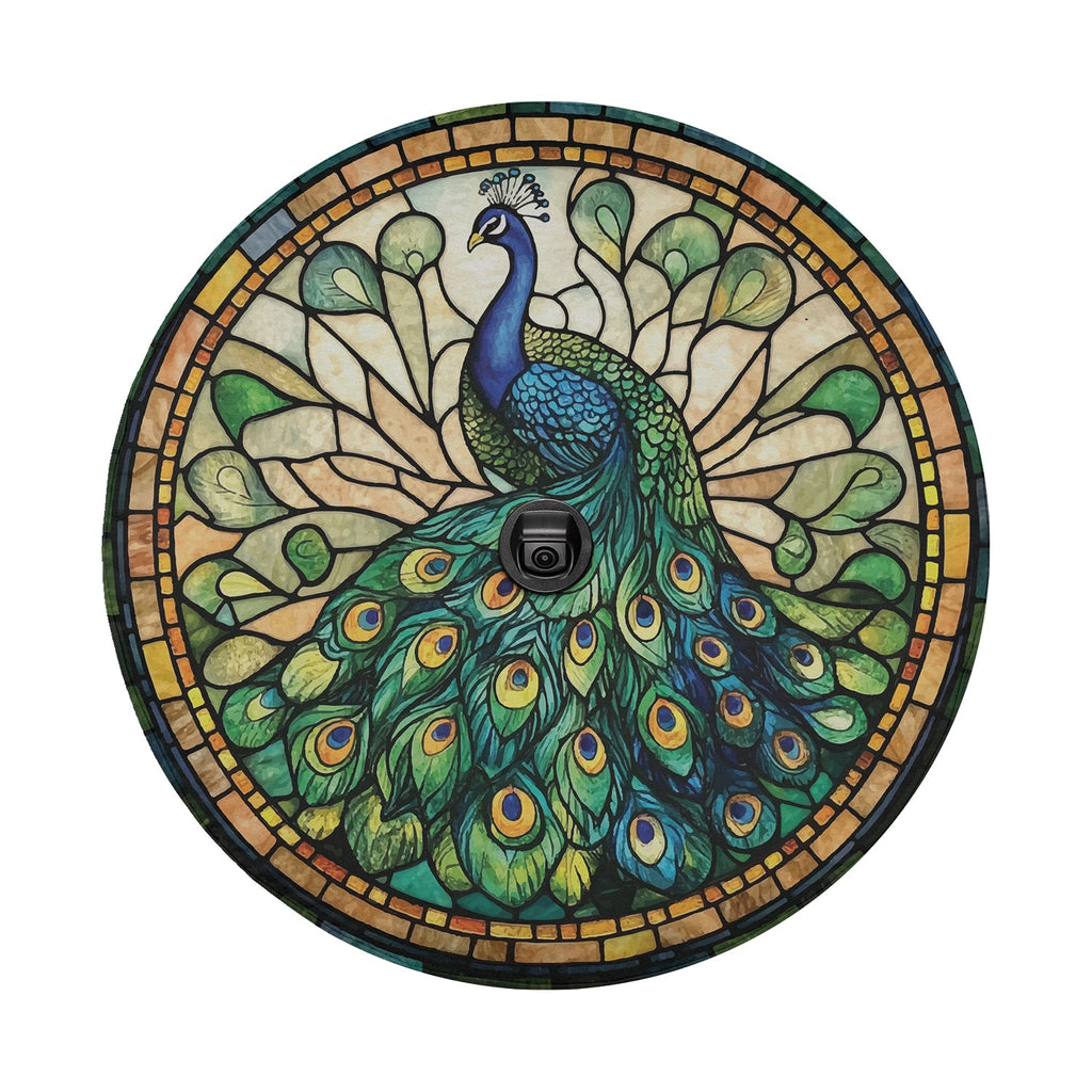 Peacock mosaic tire cover with camera hole stained glass tail feathers amber tile border on white
