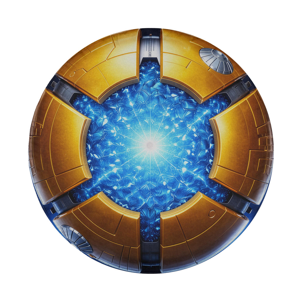 a futuristic, metallic object with a blue and gold color scheme. The object appears to be a metallic sphere or dome, with a complex, angular design and a central, glowing element. The image does not contain any text or additional objects, and the focus is solely on the metallic sphere or dome.