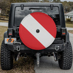 SCUBA diver down flag spare tire cover closeup detail of red and white fabric material