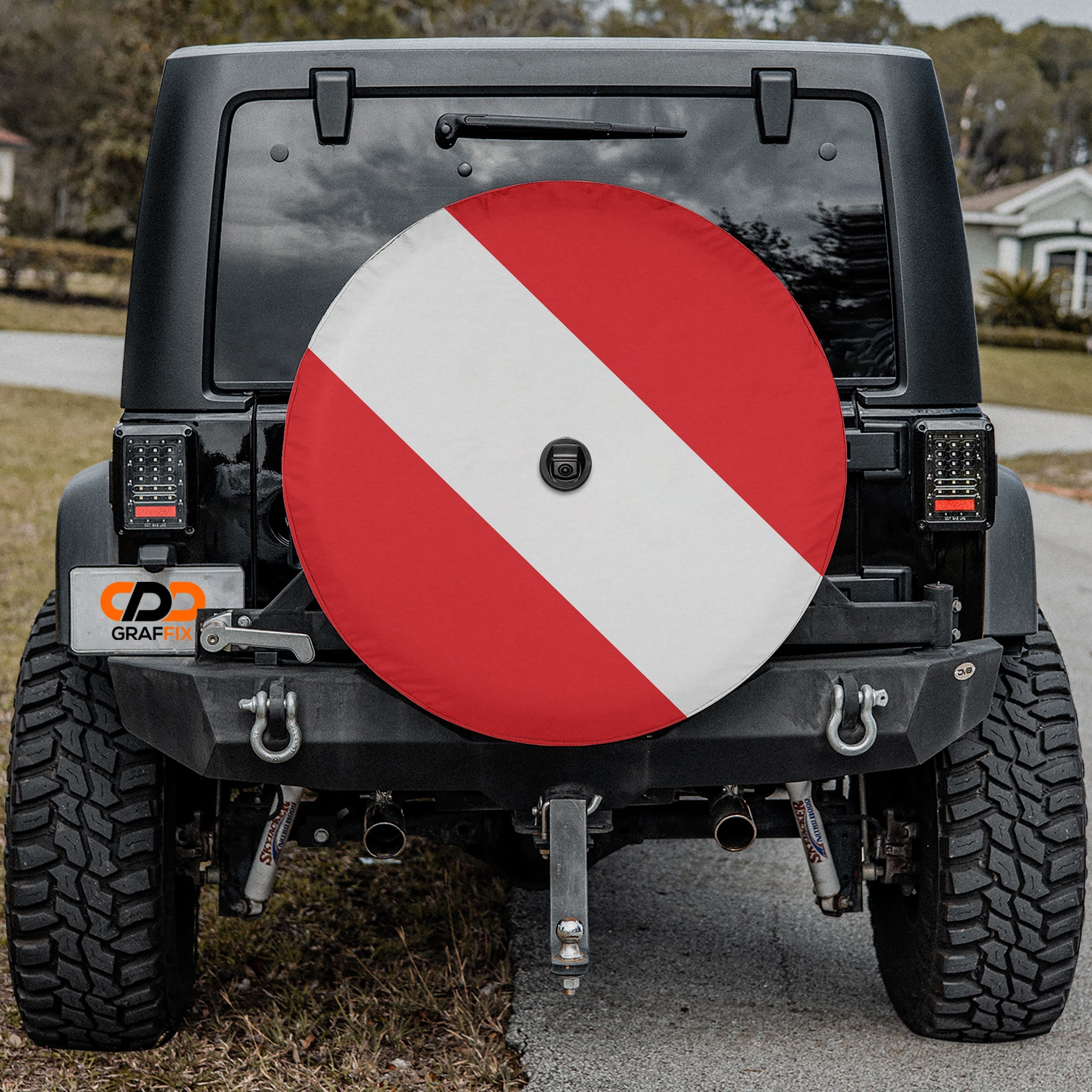 SCUBA diver down flag spare tire cover closeup detail of red and white fabric material