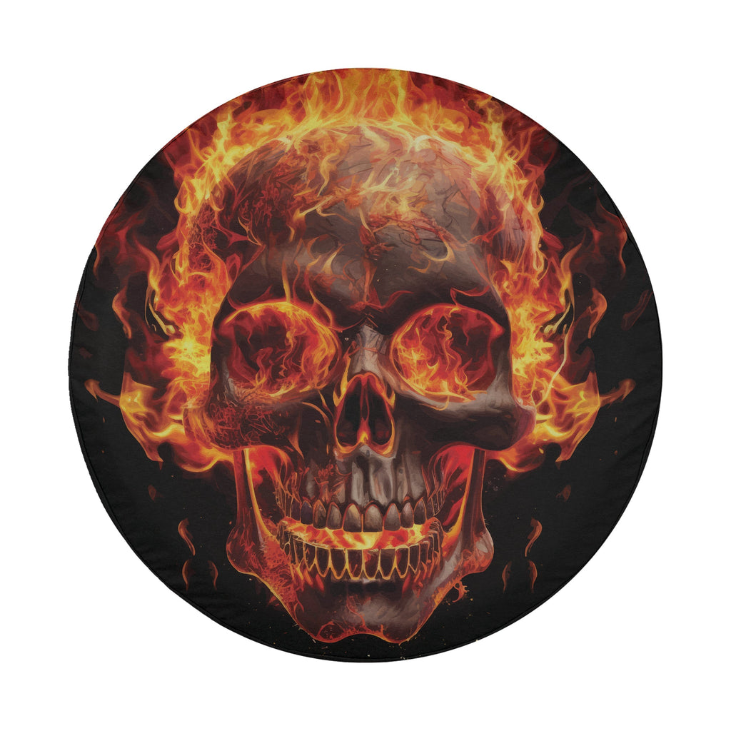 Flaming Skull spare tire cover product view of skull engulfed in bright orange-red flames