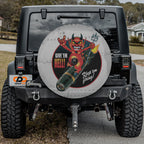 Give Em Hell Vintage Bomber tire cover on black Jeep Wrangler with GRAFFIX license plate