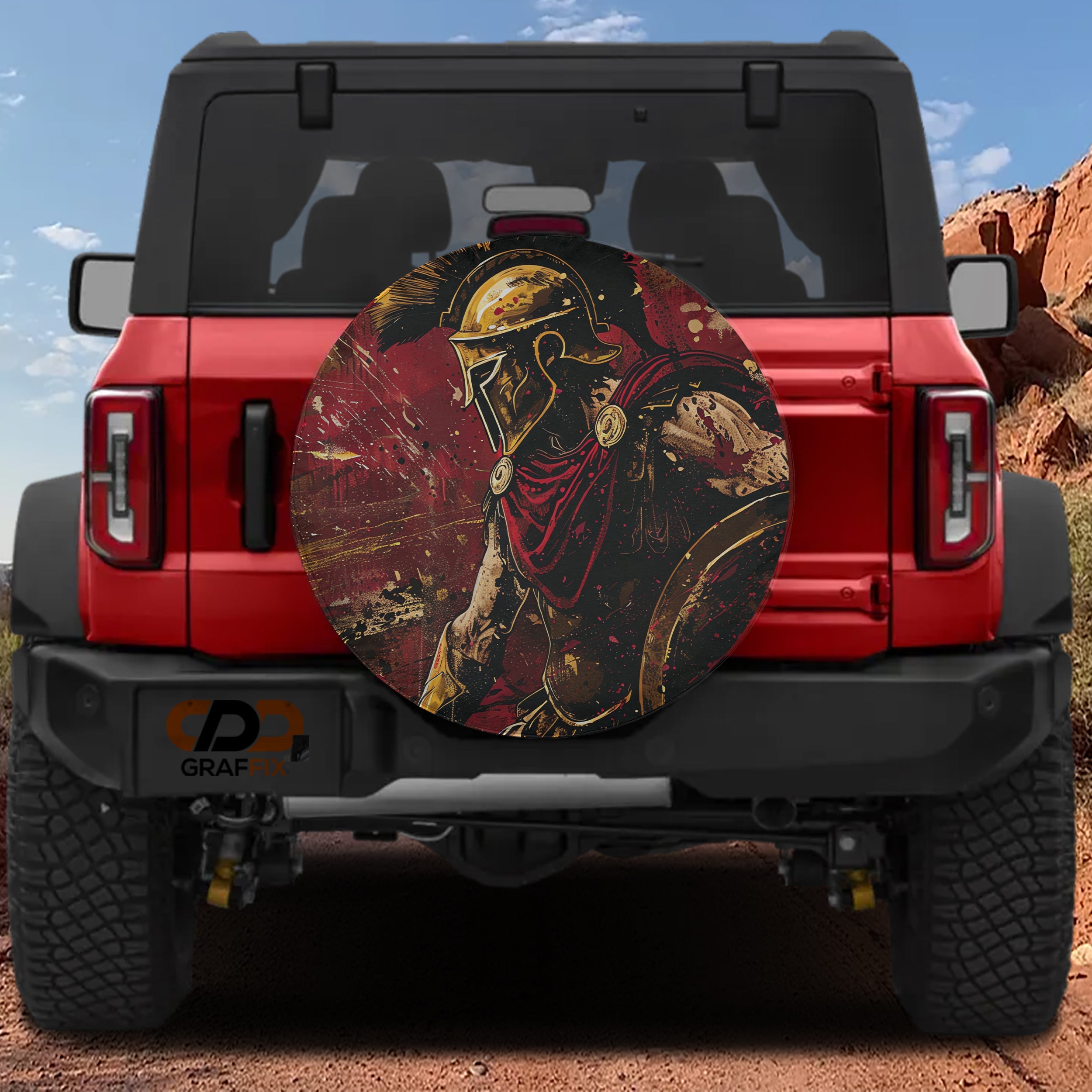 Spartan Warrior design printed spare tire cover with optional backup camera hole by Graffix