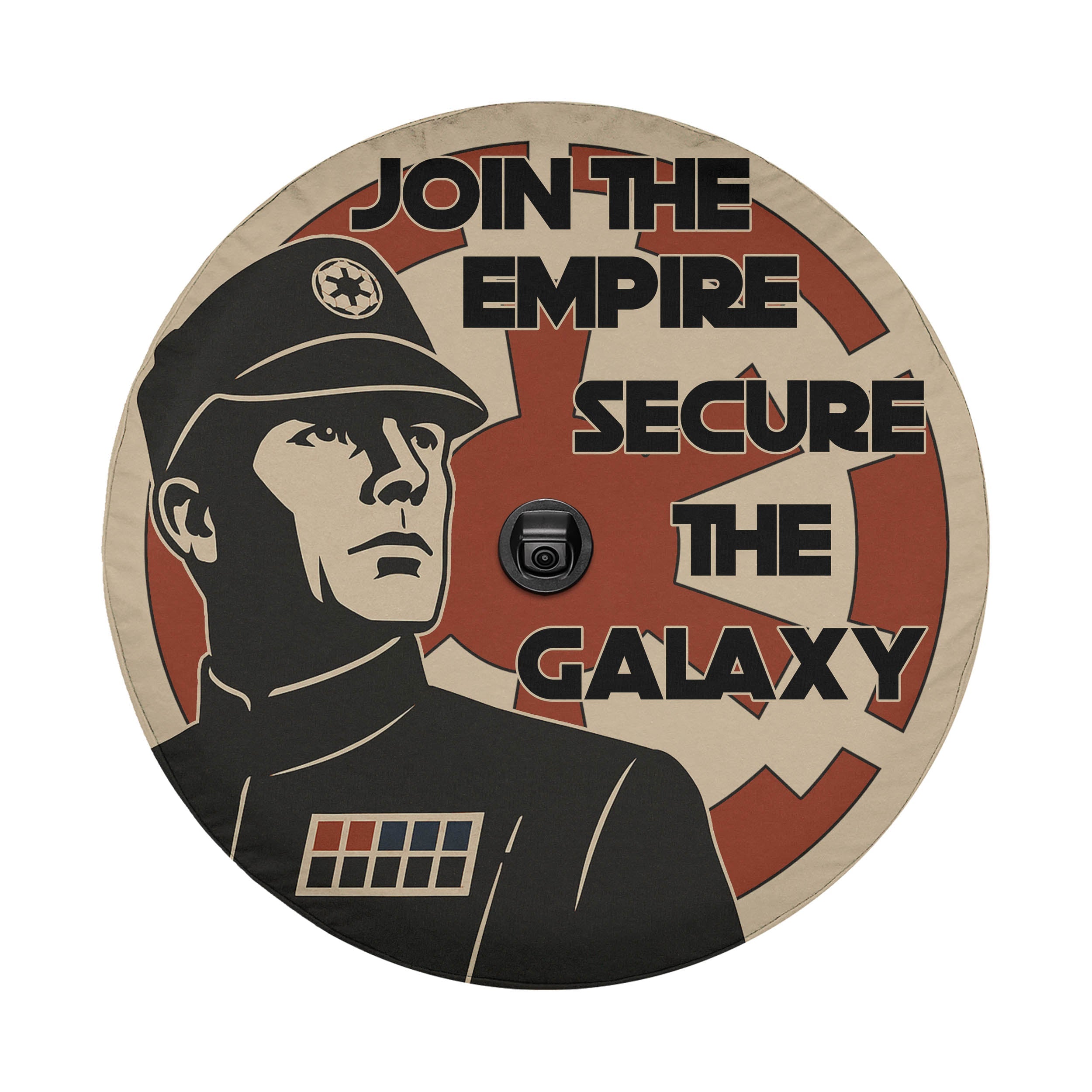 A circular design featuring a man in a military uniform, with the text "JOIN THE EMPIRE SECURE THE GALAXY" prominently displayed.
