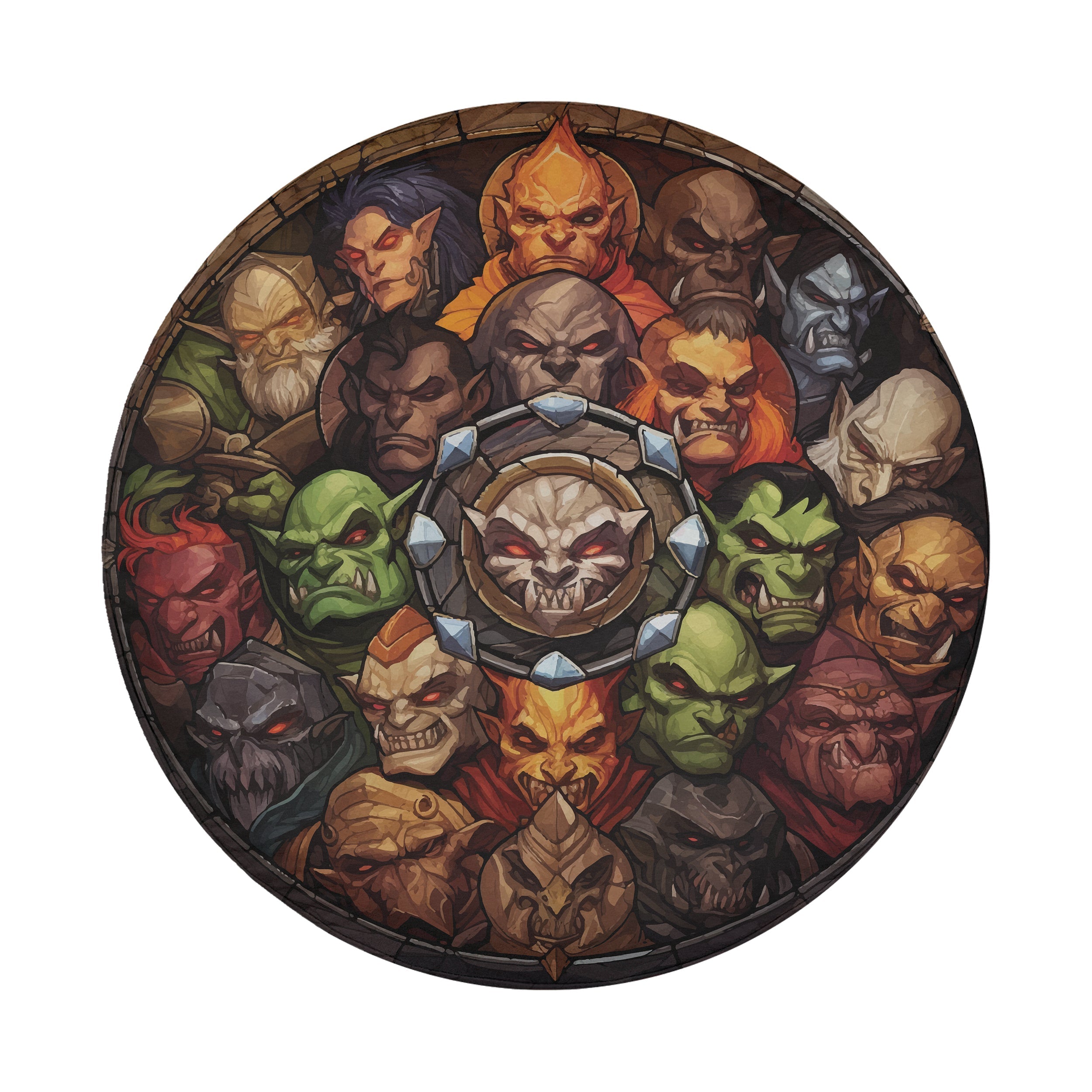 Flat round monster slayers gathering tire cover with cartoon goblin demon faces around central shield