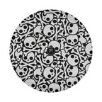 Skull crossbones tire cover front close-up with white cartoon skulls and bones over centered camera cutout