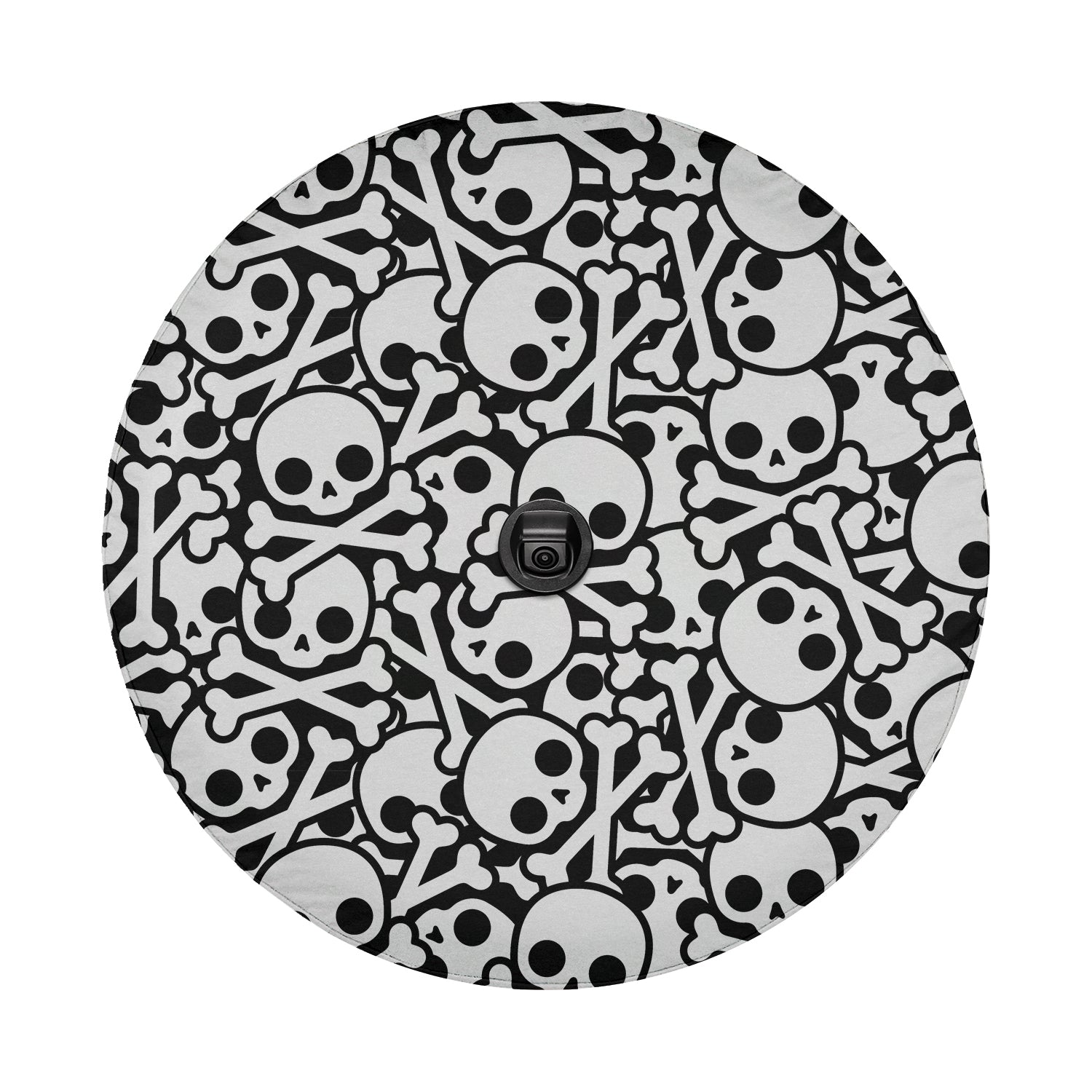 Skull crossbones tire cover front close-up with white cartoon skulls and bones over centered camera cutout