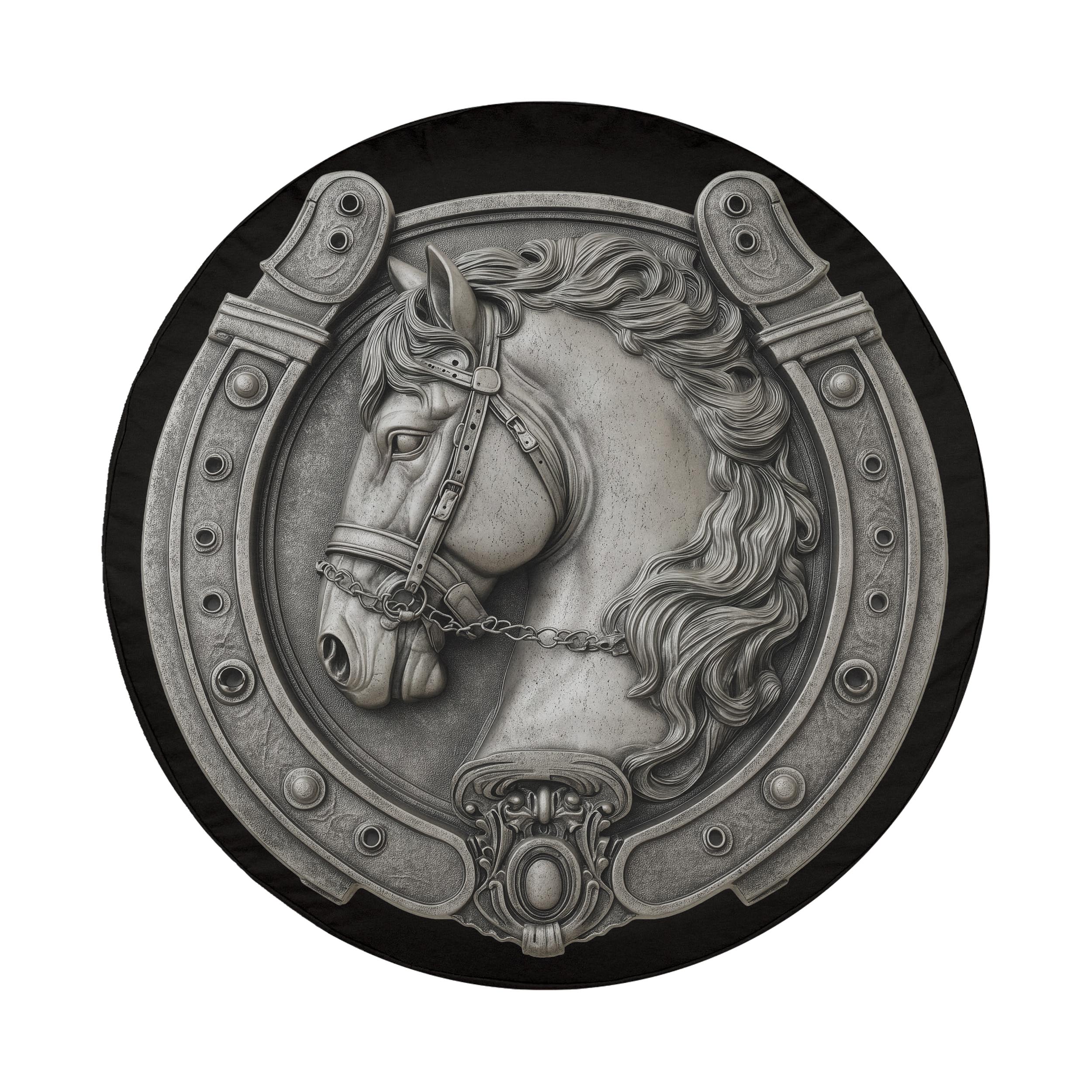 A decorative relief of a horse's head in a horseshoe-shaped frame.
