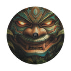 Tiki Totem of Fury spare tire cover on red Jeep Wrangler showing fierce green tiki warrior mask art