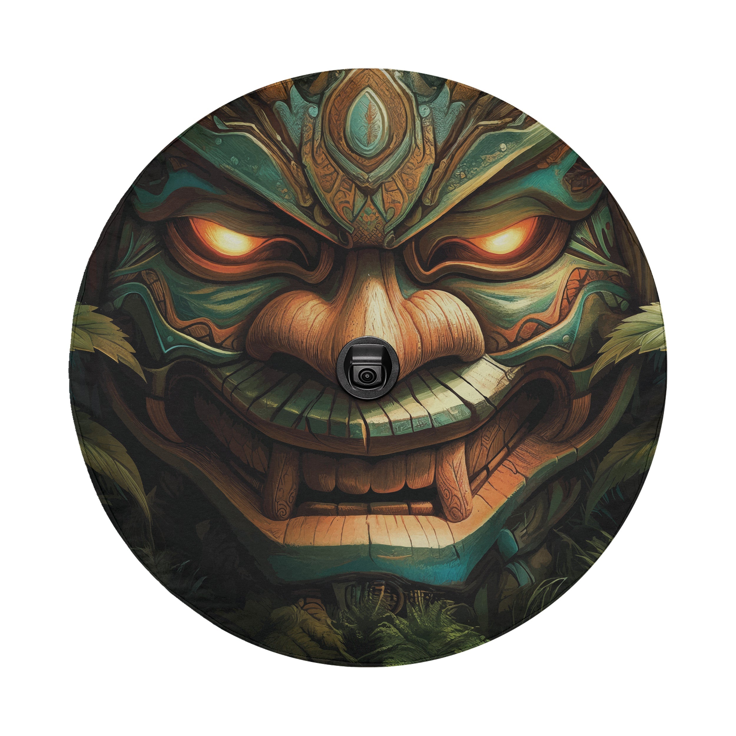 Tiki Totem of Fury spare tire cover on red Jeep Wrangler showing fierce green tiki warrior mask art