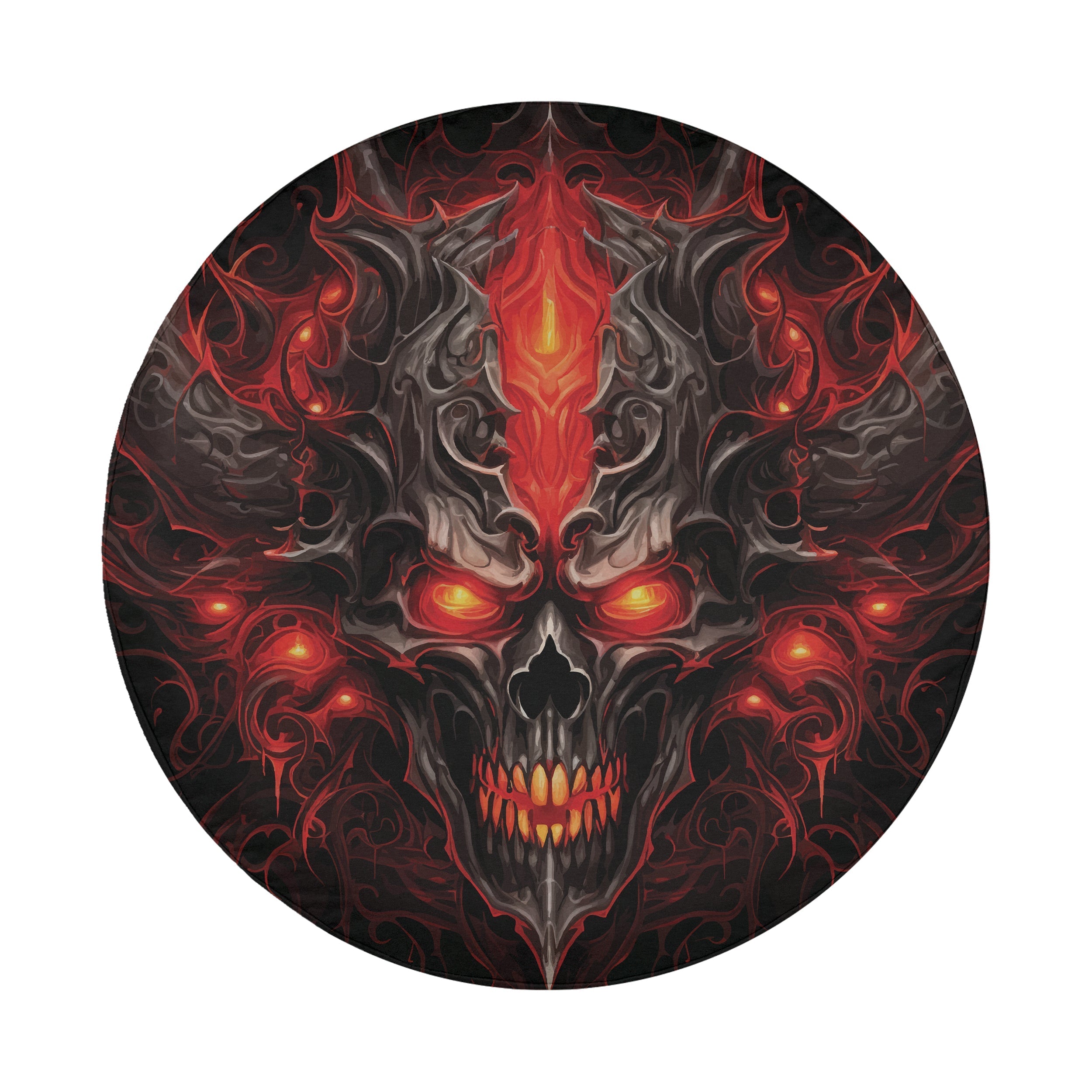 Emberlord Skull spare tire cover round flat product view showing fiery skull artwork