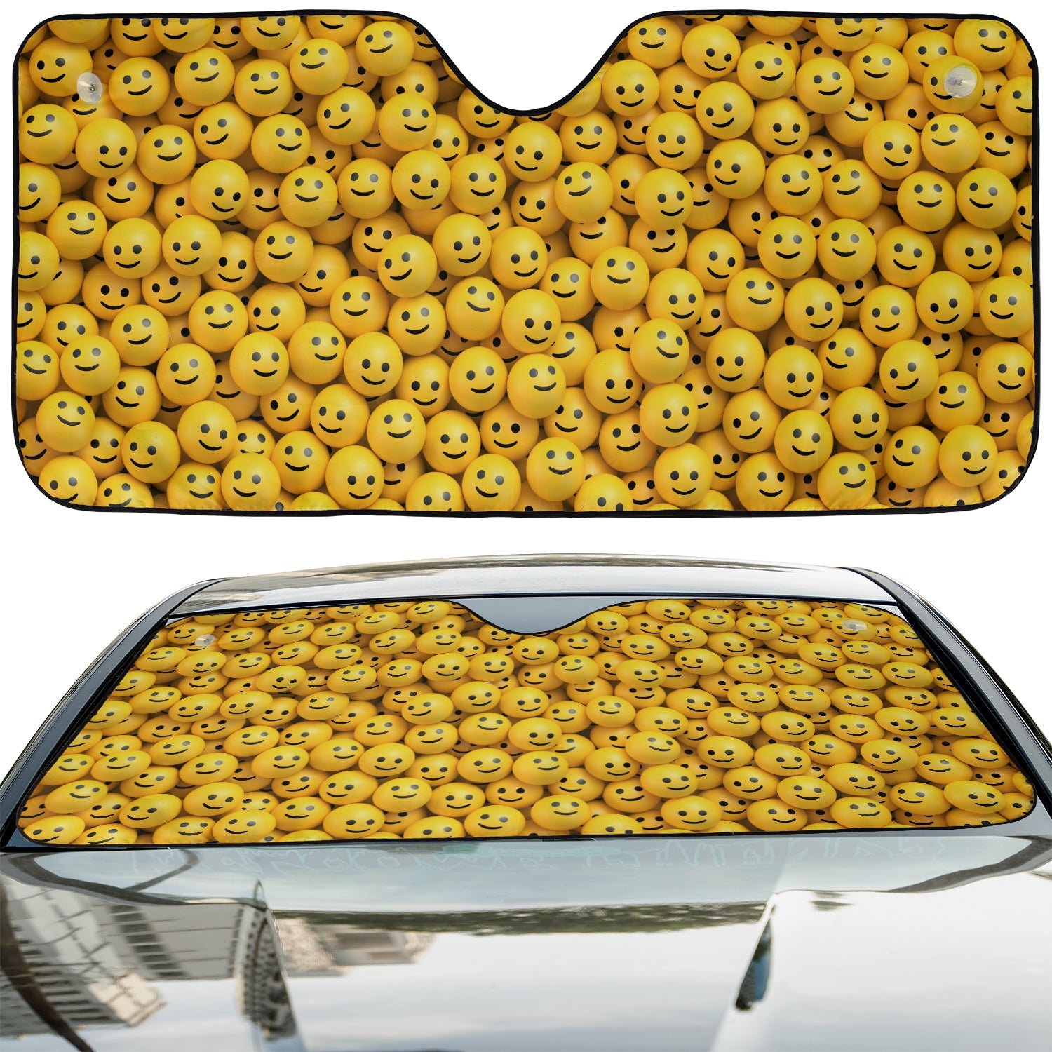 Happy Smiley Faces accordion sunshade installed in a sedan windshield on a sunny urban city street view