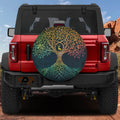 Flat Celtic dawn tree of life spare tire cover artwork with rainbow gradient branches and standing deer figure