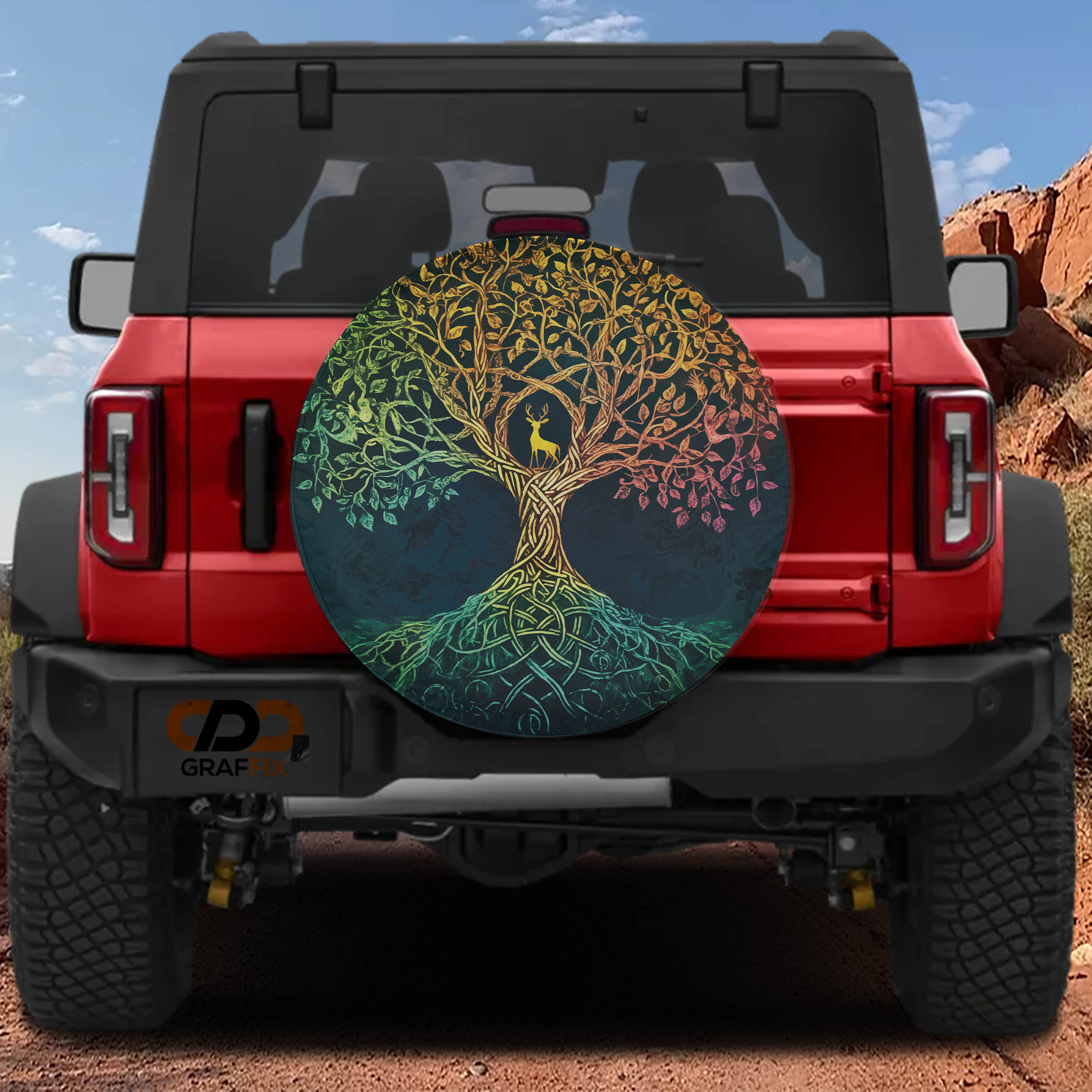 Flat Celtic dawn tree of life spare tire cover artwork with rainbow gradient branches and standing deer figure