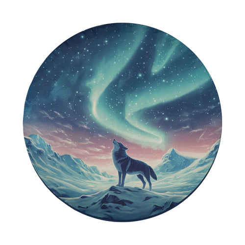 Aurora Wolf spare tire cover flat artwork with howling wolf silhouette beneath teal aurora and starry mountain