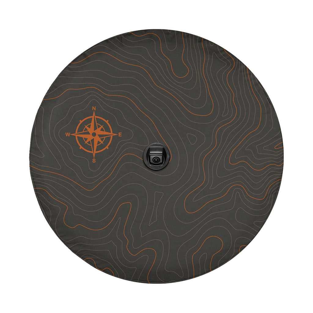 Topographic tire cover camera cutout closeup with orange contour lines around stretchy elastic camera port