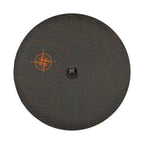 Topographic tire cover camera cutout closeup with orange contour lines around stretchy elastic camera port