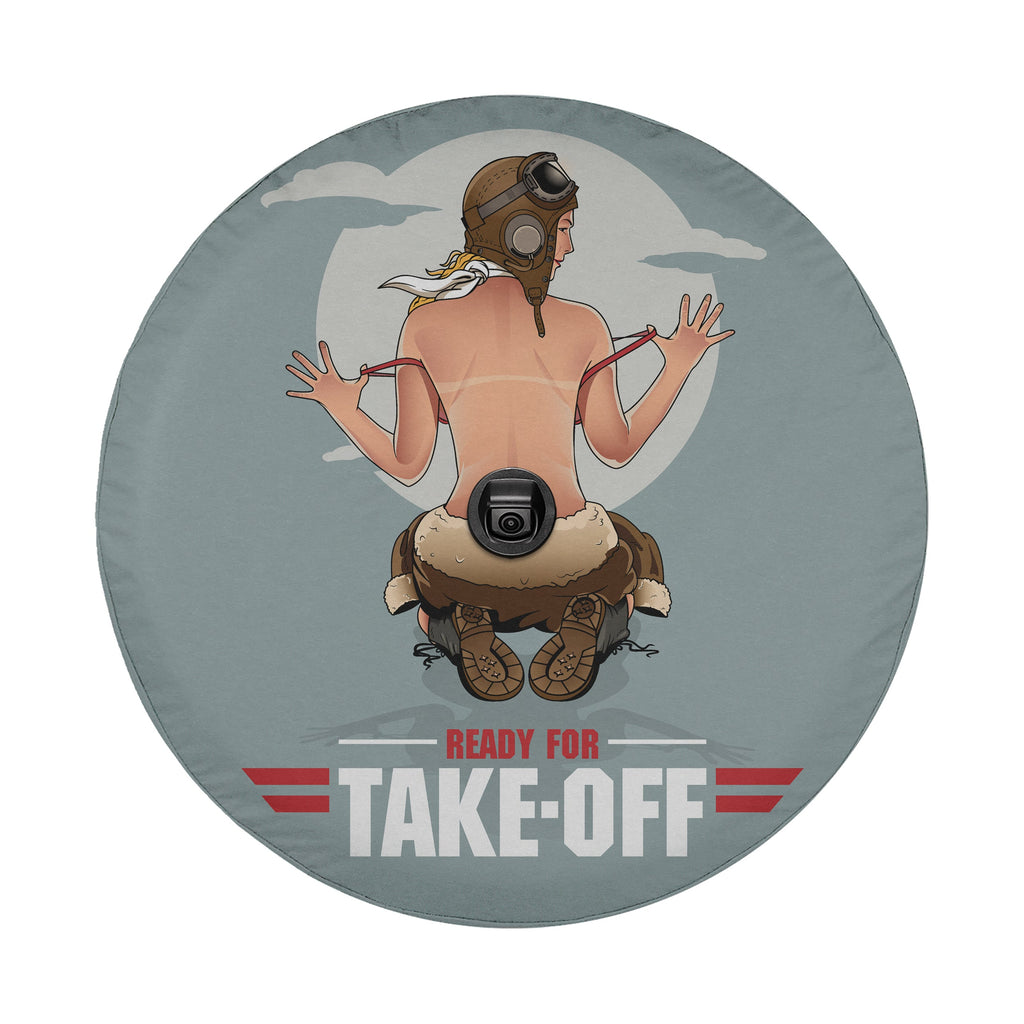 Pin-Up Girl Ready For Take-Off spare tire cover round flat view with camera cutout pinup