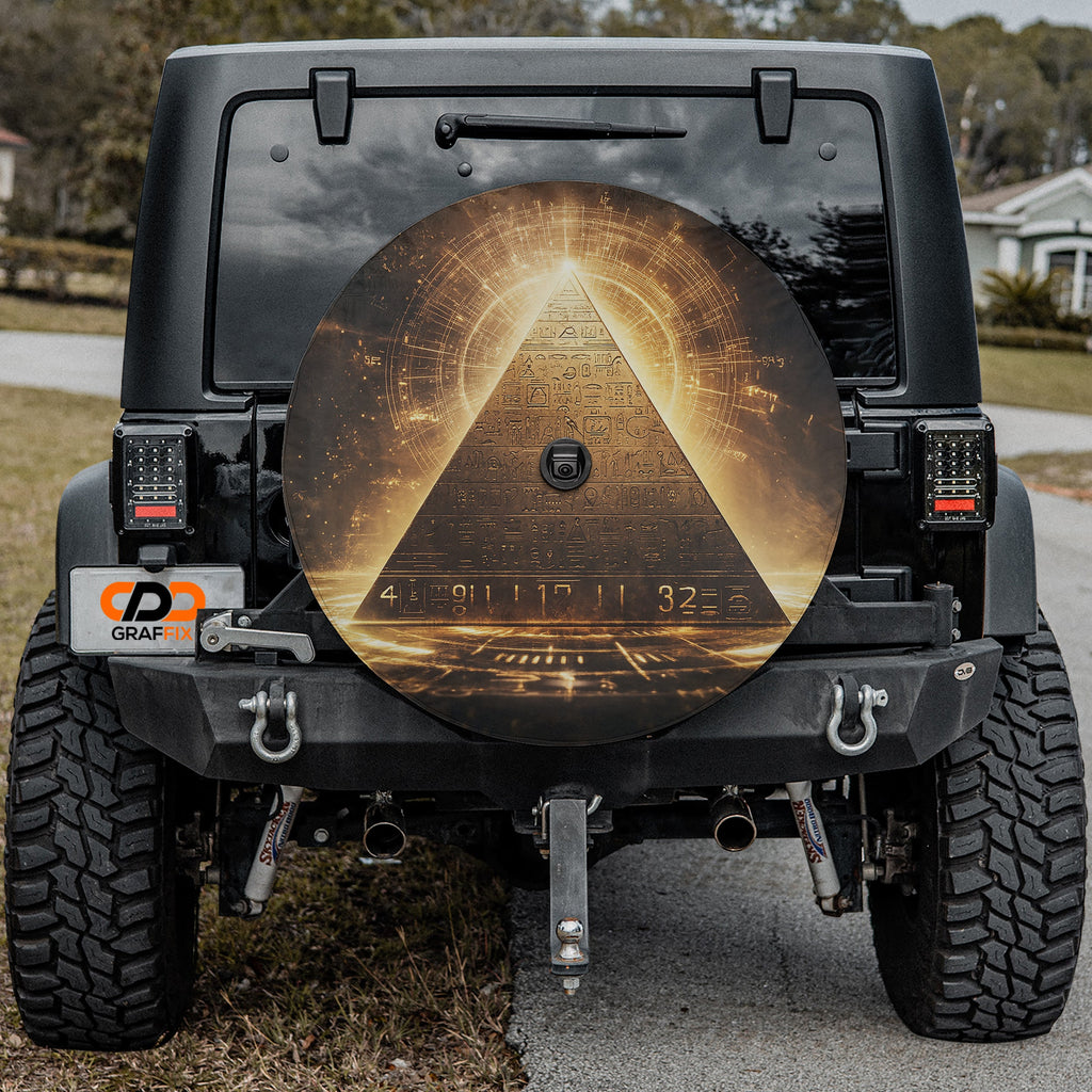 Golden Pyramid of Secrets spare tire cover fabric and grommet closeup view
