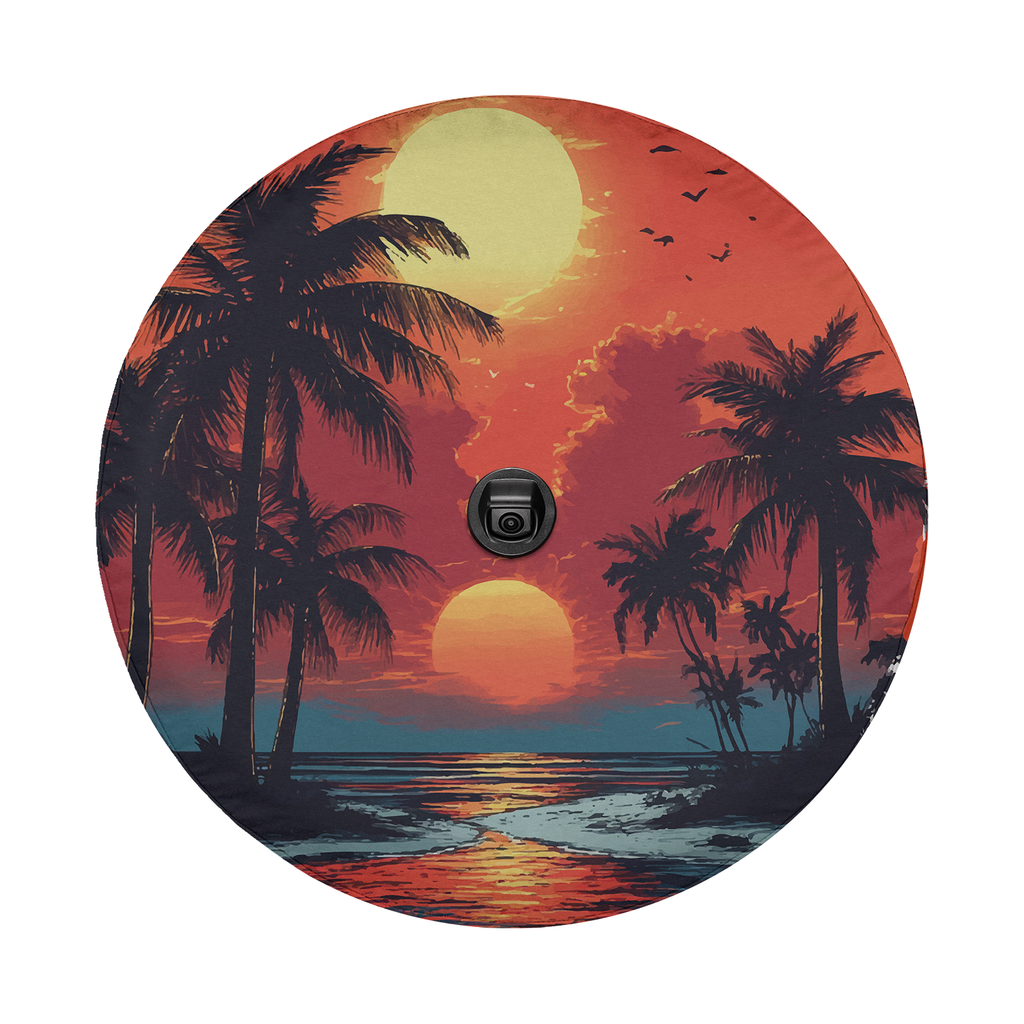 Tropical sunset cover with backup camera cutout palm silhouettes orange red sky on white background