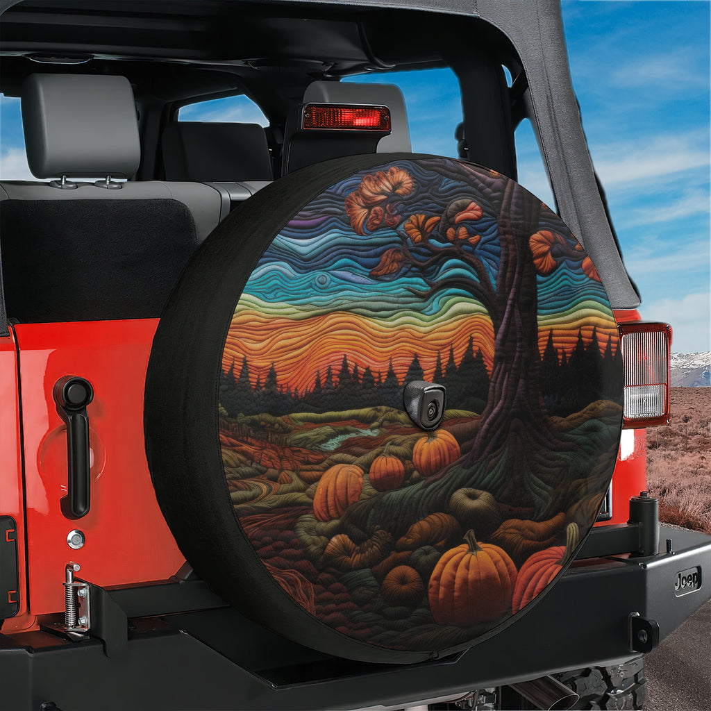 Halloween pumpkin patch spare tire cover lifestyle shot mounted on rear of Jeep at dusk