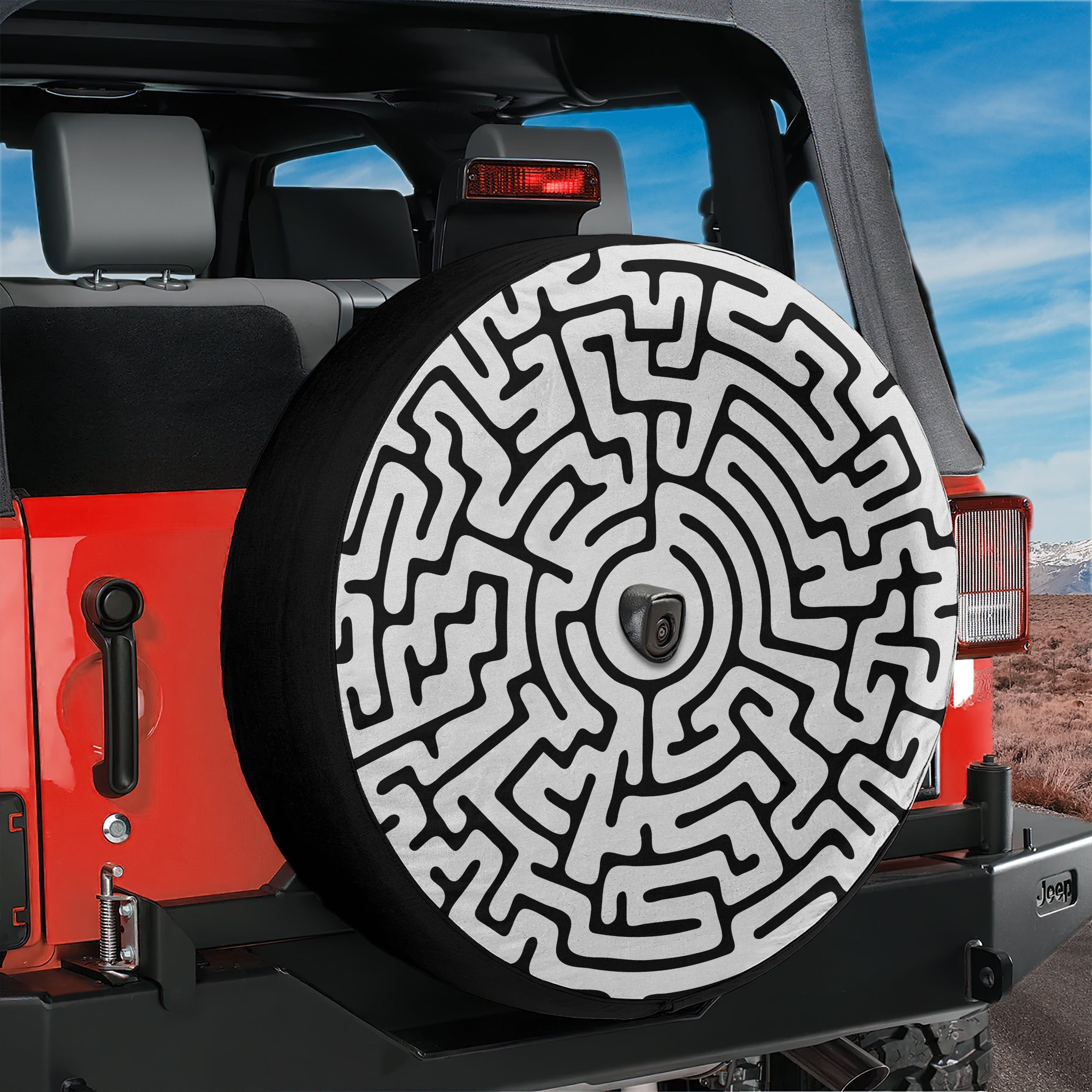 Round Maze design printed spare tire cover with optional backup camera hole by Graffix