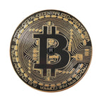 Bitcoin Crypto Token spare tire cover flat art with backup camera cutout, gold B coin and digital circuit ring