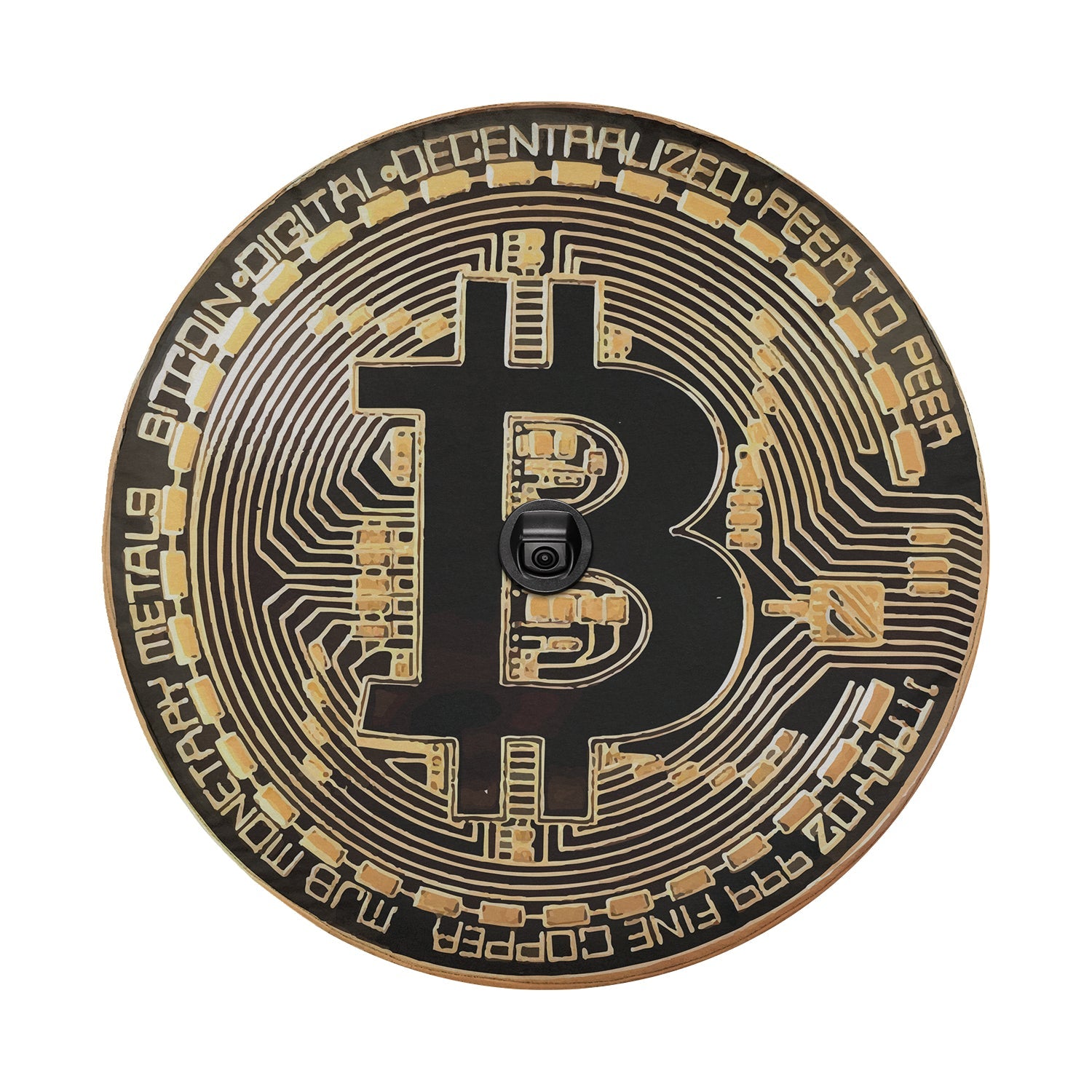 Bitcoin Crypto Token spare tire cover flat art with backup camera cutout, gold B coin and digital circuit ring