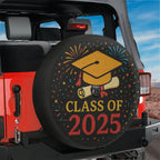 Class of 2025 spare tire cover on black Jeep Wrangler with graduate cap and confetti print