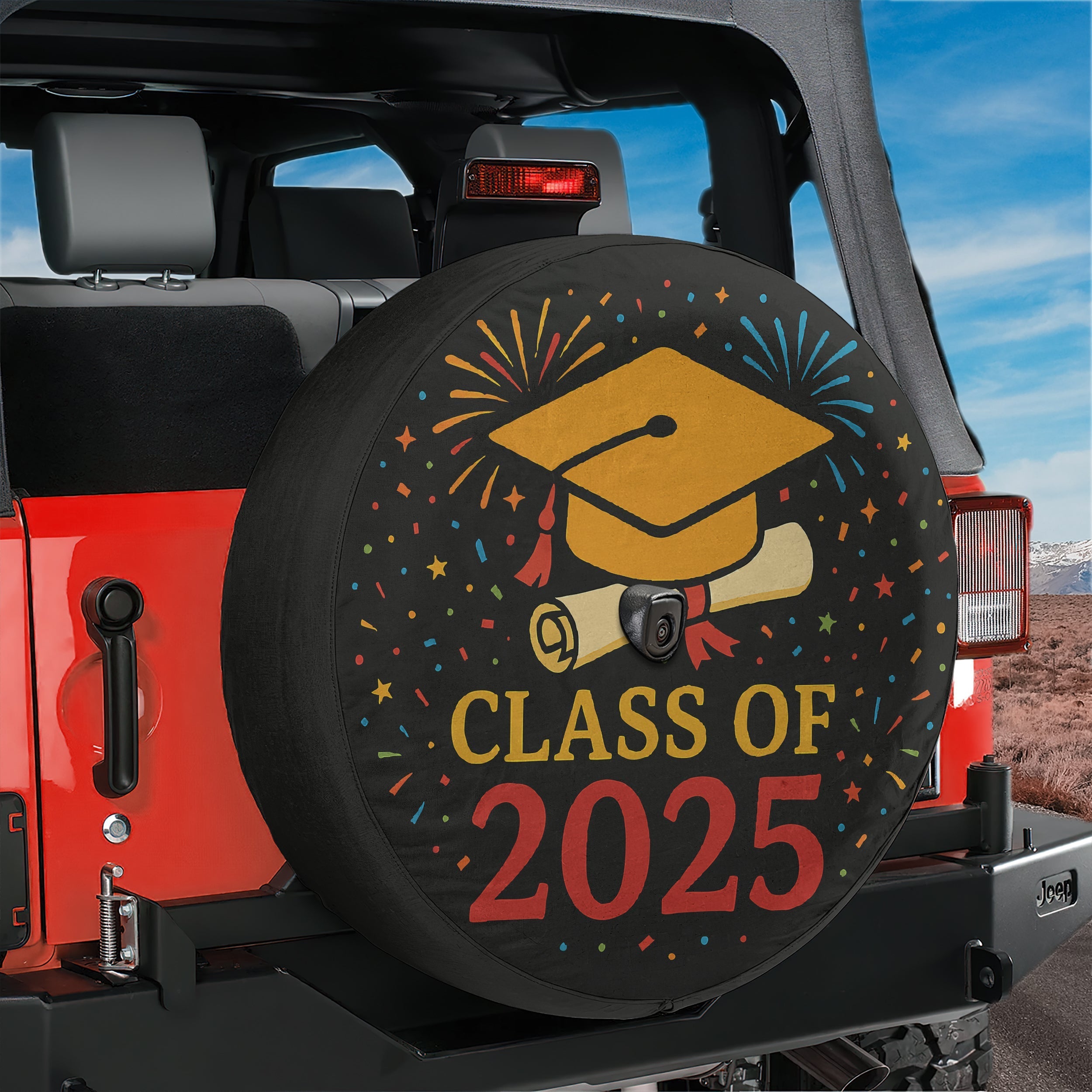 Class of 2025 spare tire cover on black Jeep Wrangler with graduate cap and confetti print