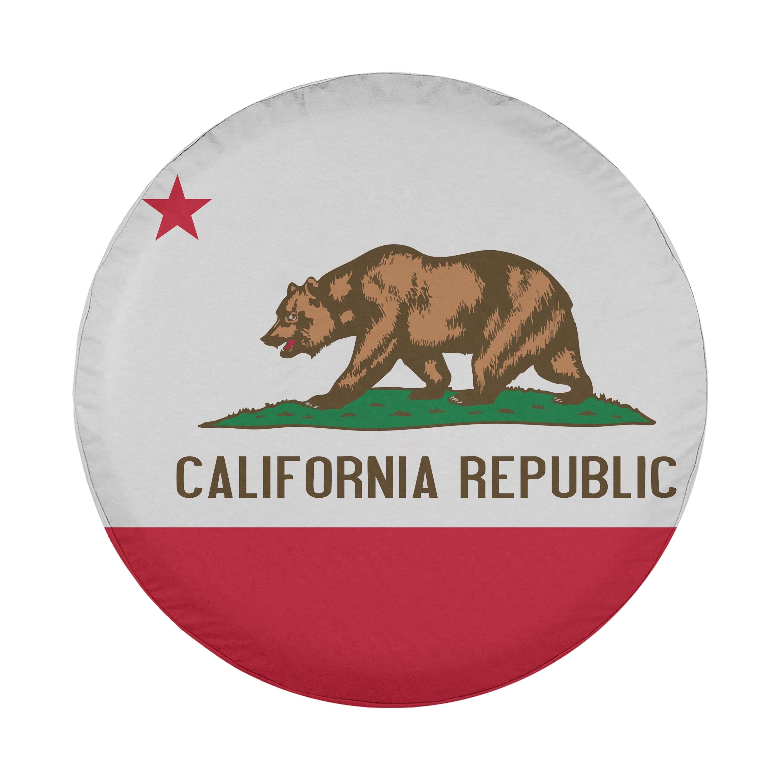 California Republic state flag spare tire cover studio close-up of grizzly bear and red star without camera cutout