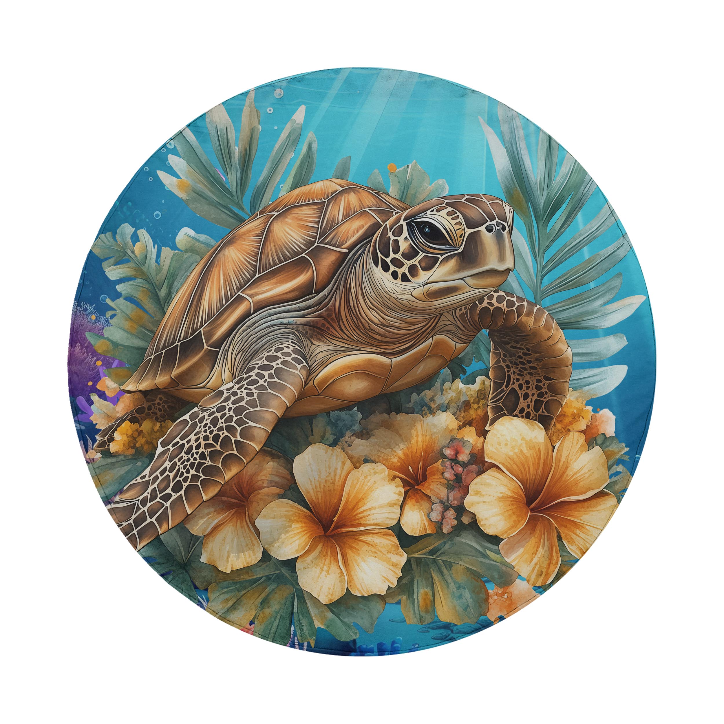 A detailed illustration of a sea turtle surrounded by vibrant tropical flowers and plants, set against a blue background.