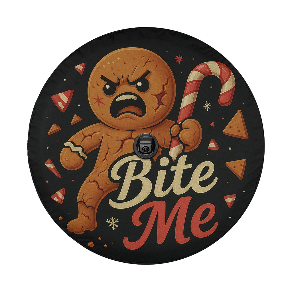 a gingerbread man character with a bite taken out of it, surrounded by candy and other festive elements.