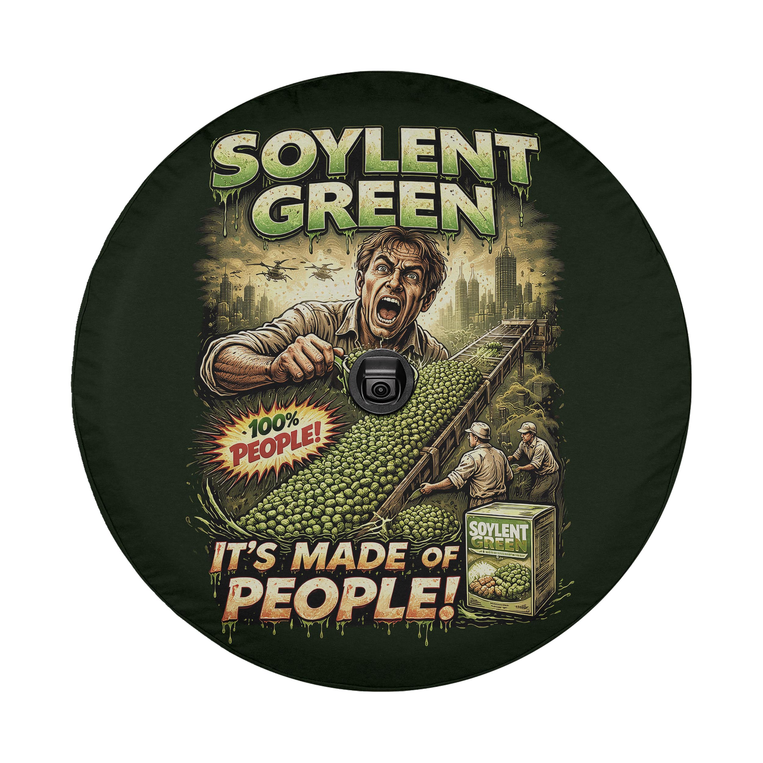 The image is a collage of various images, including a man with a camera, a cityscape, and a large pile of green beans. The text in the image is a combination of the words "SOYLENT GREEN" and "IT'S MADE OF PEOPLE!" The collage does not contain any specific details about each individual image, and the phrases "The image depicts", "The image displays", "The image shows", "The image captures", "The image features", and "The image includes" are not present.