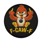 A cartoon image of a bird with a camera around its neck, giving the impression of being angry or upset. The bird is holding up its middle finger and the text below the image says "F-CAW-F".