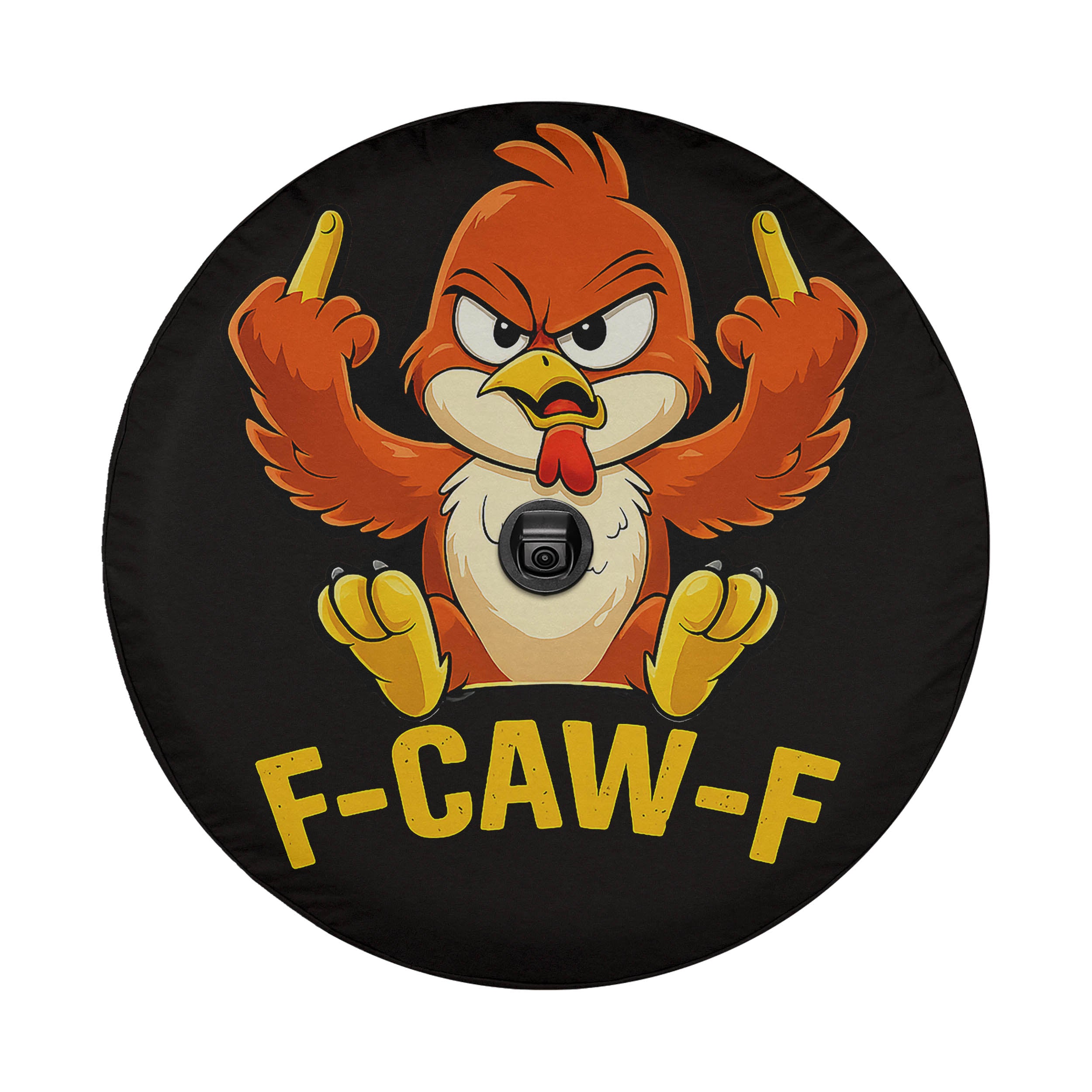 A cartoon image of a bird with a camera around its neck, giving the impression of being angry or upset. The bird is holding up its middle finger and the text below the image says "F-CAW-F".