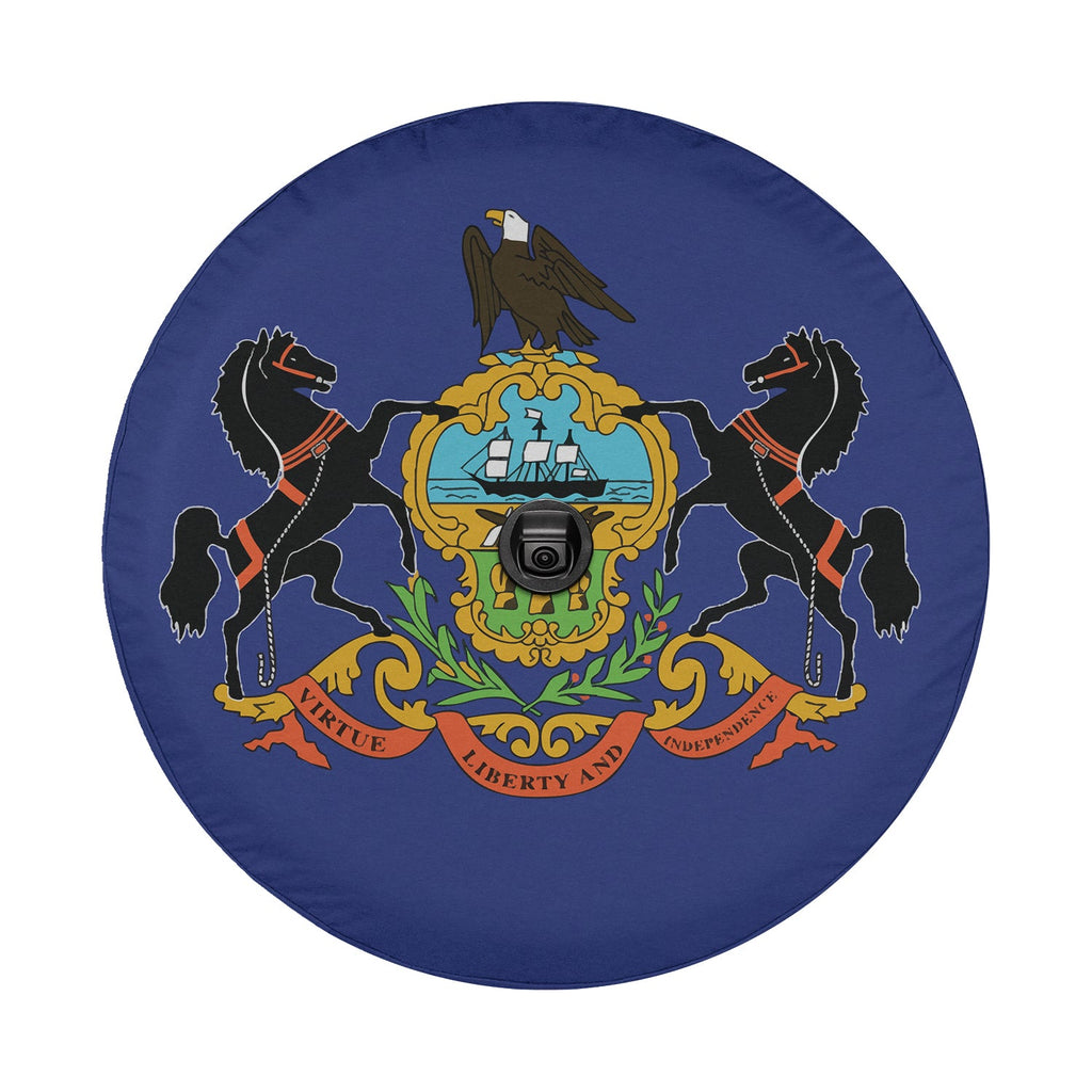 Pennsylvania state flag spare tire cover on black Jeep Wrangler with Graffix plate featuring heraldic shield