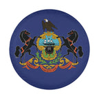 Pennsylvania state flag spare tire cover on black Jeep Wrangler with Graffix plate featuring heraldic shield