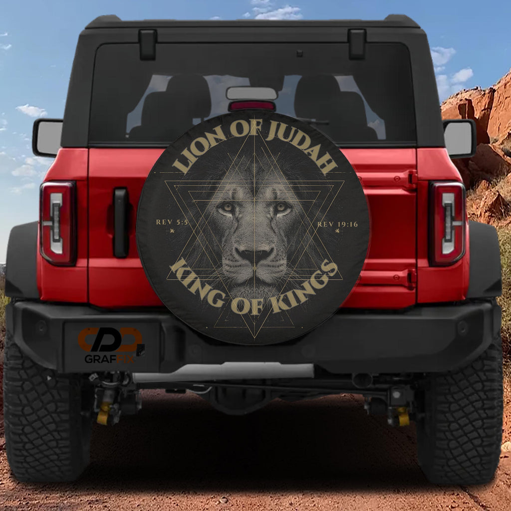 a red Jeep Wrangler with a large lion head decal on the rear window.