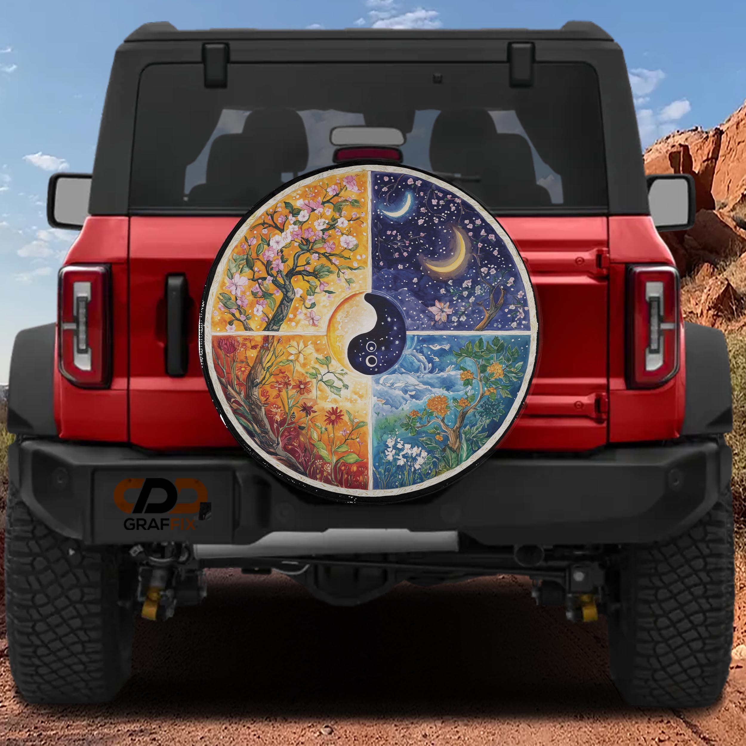 Seasons Change watercolor four seasons tire cover on red Jeep Wrangler with backup camera cutout hole