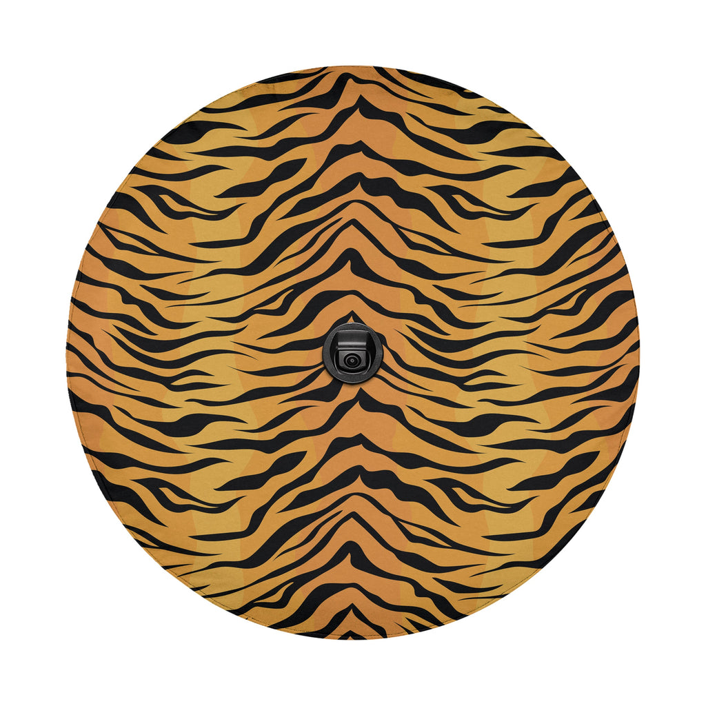 Bengal tiger print spare tire cover on a black Jeep Wrangler showing GRAFFIX rear bumper sticker logo