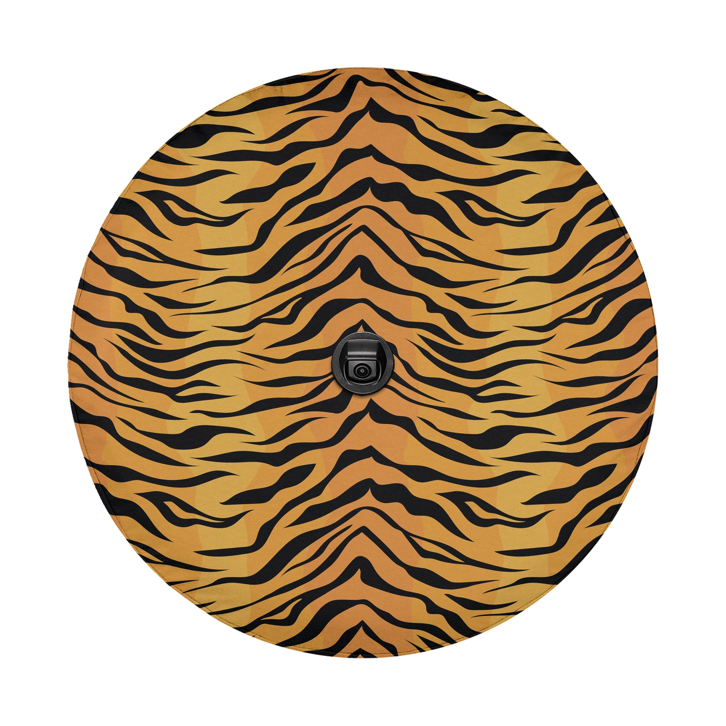 Bengal tiger print spare tire cover on a black Jeep Wrangler showing GRAFFIX rear bumper sticker logo