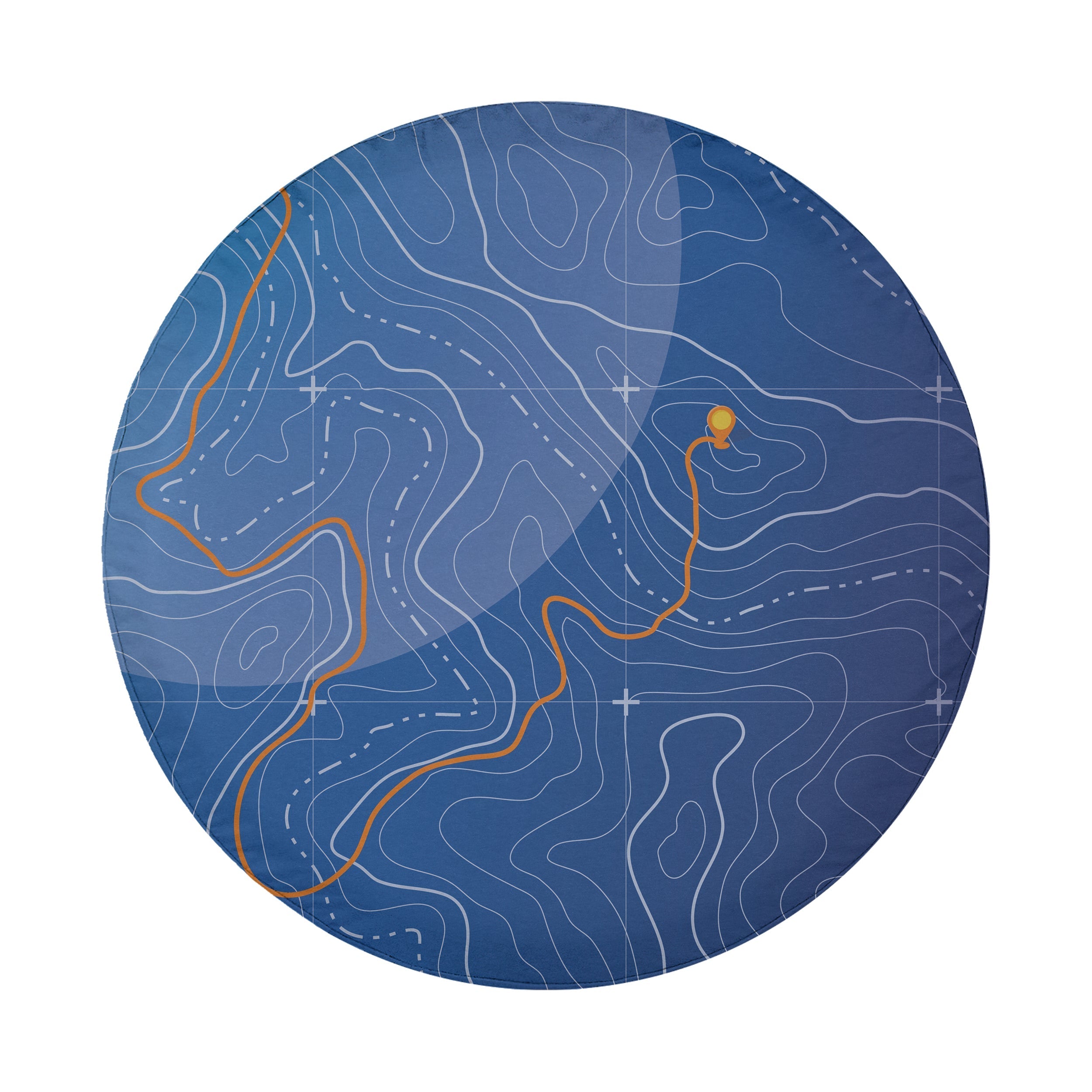 Flat topographic trails spare tire cover artwork showing blue elevation contour lines and hiking trails