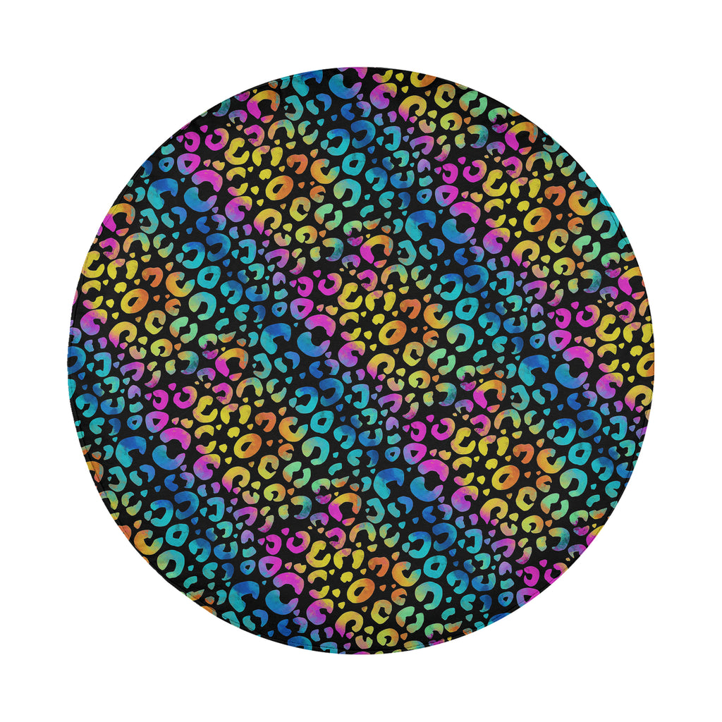 Leopard rainbow print spare tire cover on black Jeep Wrangler showing colorful animal print design