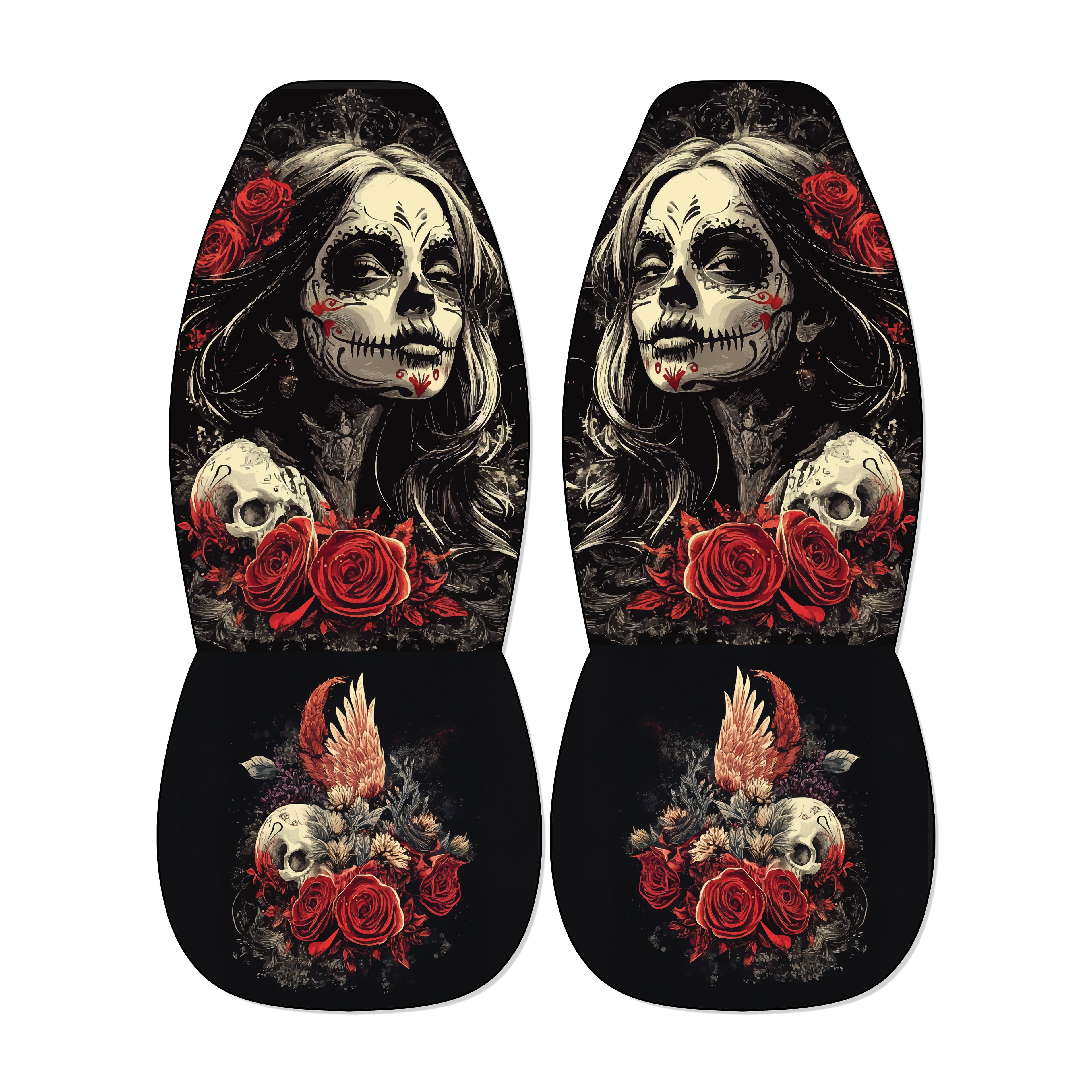 a pair of black and white car seat covers with a skull design and floral elements.