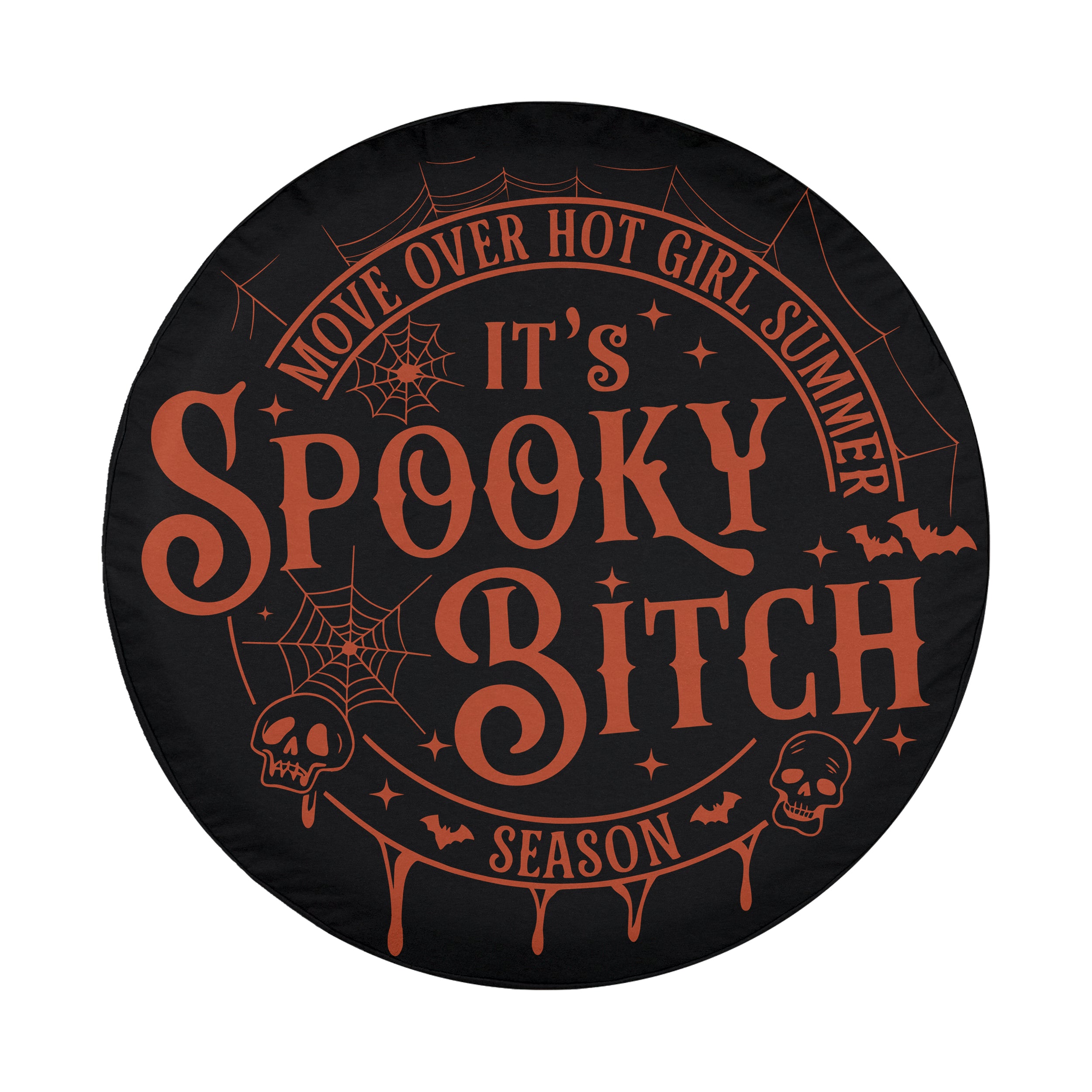 Spooky Bitch Season Halloween tire cover mounted angle view on Jeep Bronco rear spare wheel